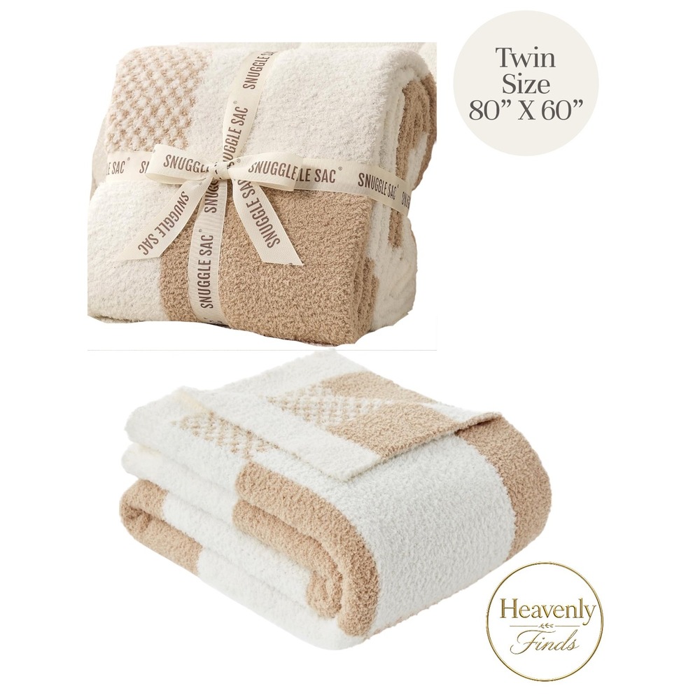 Snuggle Sac Throw Blanket Twin 80x60 Cream Tan Checkered Fuzzy Soft CozyNWT
